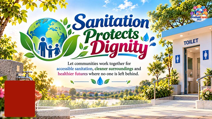 Sanitation Protects Dignity card with an accessible public toilet, family symbol, name and rectangle photo