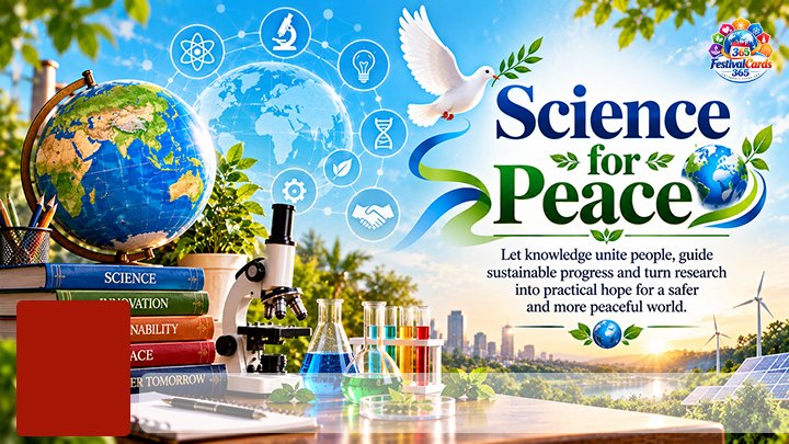Science for Peace card with globes, dove, microscope, clean energy, name and rectangle photo