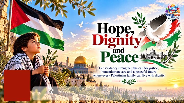 Hope, Dignity and Peace card with Palestinian flag, child, dove, Jerusalem landmarks, name and rectangle photo