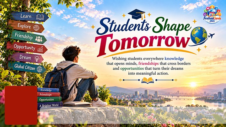 Students Shape Tomorrow card with a graduate, books, global learning symbols, name and rectangle photo