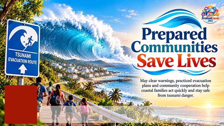 Prepared Communities Save Lives card with a tsunami wave, evacuation route sign, coastal families, name and rectangle photo