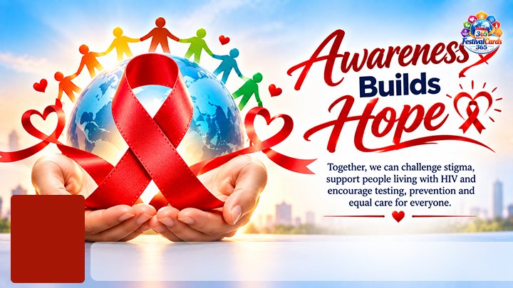 Awareness Builds Hope card with a red ribbon, globe, diverse people, name and rectangle photo