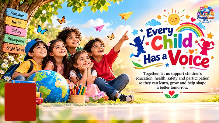 Every Child Has a Voice card with children, a globe, rainbow, name and rectangle photo