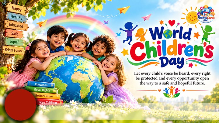 World Children's Day wishes card with smiling children around a globe, books, name and round photo