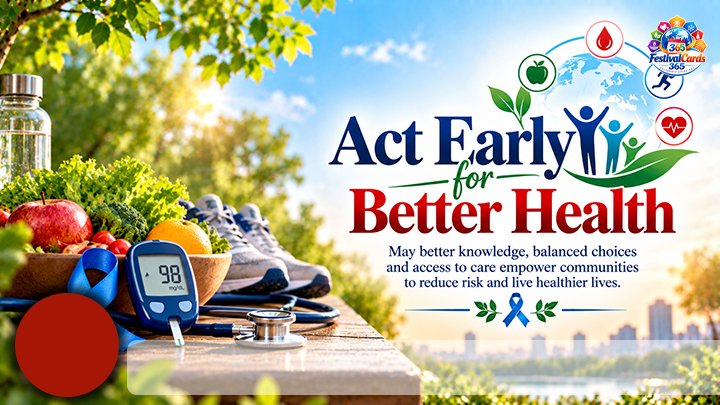 Act Early for Better Health card with fruit, glucose meter, blue ribbon, activity icons, name and rectangle photo