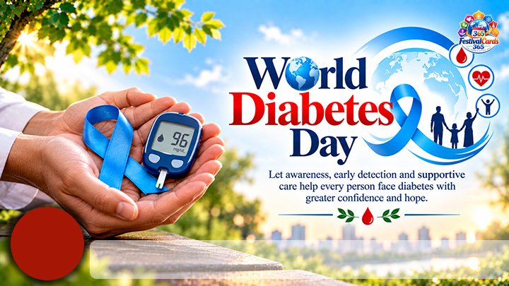 World Diabetes Day card with blue awareness ribbon, glucose meter, globe, name and round photo
