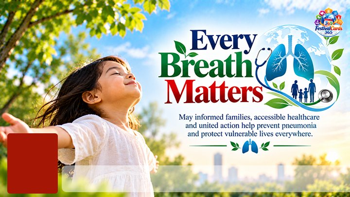 Every Breath Matters card with a child breathing outdoors, lung illustration, family silhouettes, name and rectangle photo