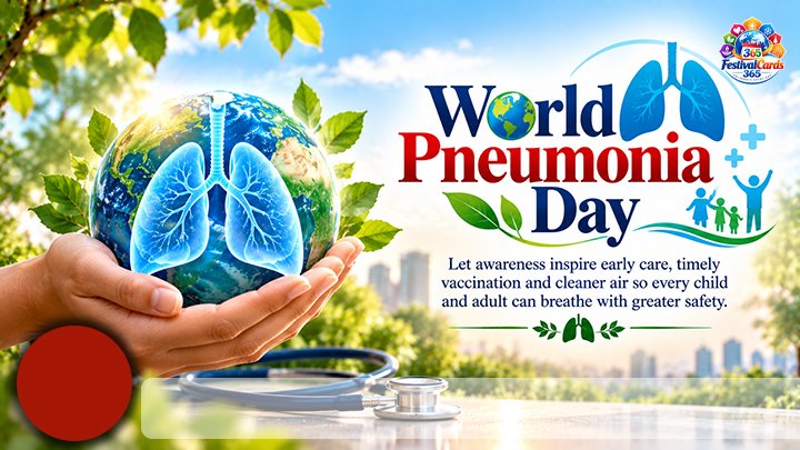 World Pneumonia Day card with lungs inside a globe, caring hands, stethoscope, name and round photo