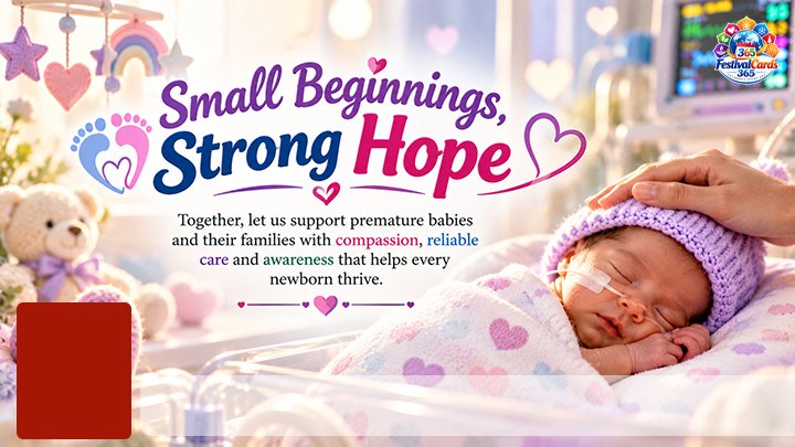 Small Beginnings, Strong Hope card with a premature baby, caring adult hand, name and rectangle photo
