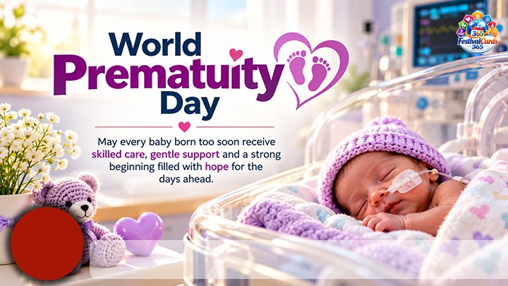 World Prematurity Day card with a premature baby receiving hospital care, name and round photo