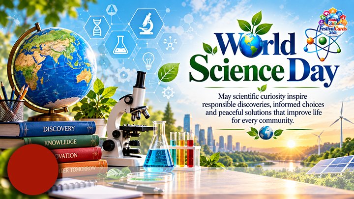 World Science Day card with globe, microscope, laboratory glassware, clean energy, name and round photo