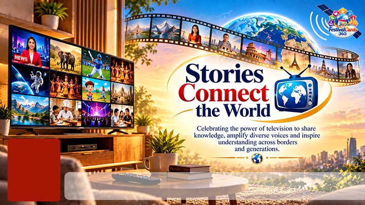 Stories Connect the World television card with news, culture and global media scenes, name and rectangle photo
