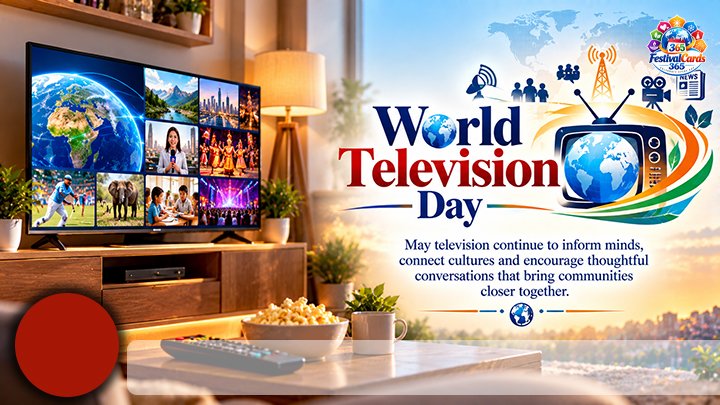 World Television Day wishes card with television screens, global broadcast symbols, name and round photo
