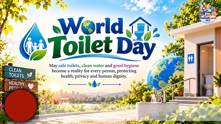World Toilet Day card with a clean accessible toilet, water and hygiene symbols, name and round photo