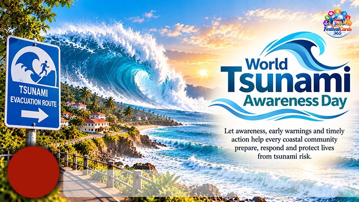World Tsunami Awareness Day card with a coastal wave, evacuation route sign, name and round photo