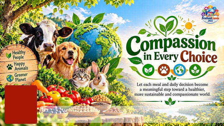 Compassion in Every Choice card with animals, green globe, fresh produce, name and rectangle photo