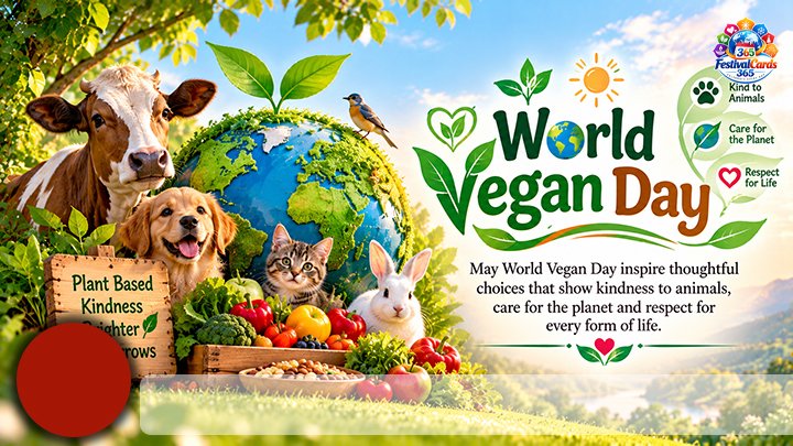 World Vegan Day card with animals, green globe, vegetables, name and round photo