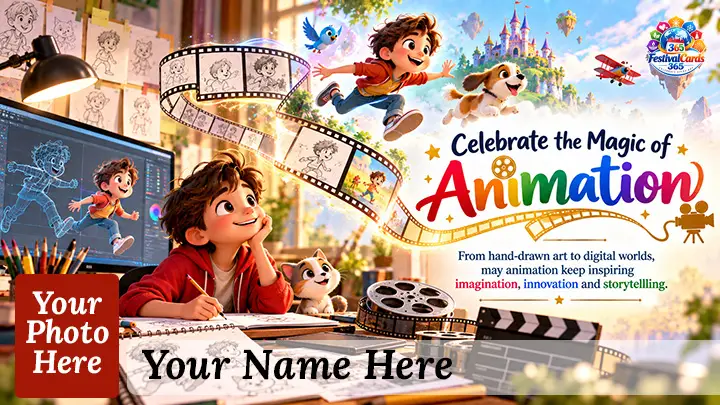 Celebrate the Magic of Animation card with storyboards, artist, film strip, name and rectangle photo