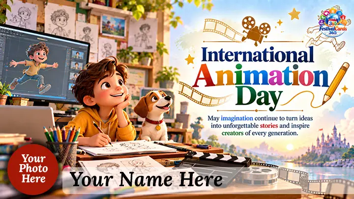 International Animation Day wishes card with artist, sketches, animated scene, name and round photo