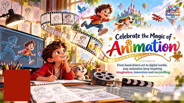 Celebrate the Magic of Animation card with storyboards, artist, film strip, name and rectangle photo