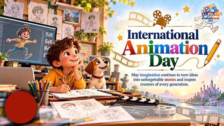 International Animation Day wishes card with artist, sketches, animated scene, name and round photo