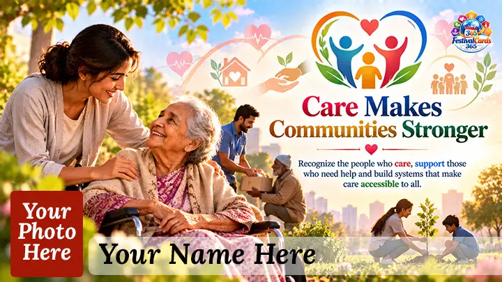 Care Makes Communities Stronger card with caregivers, volunteers, name and rectangle photo