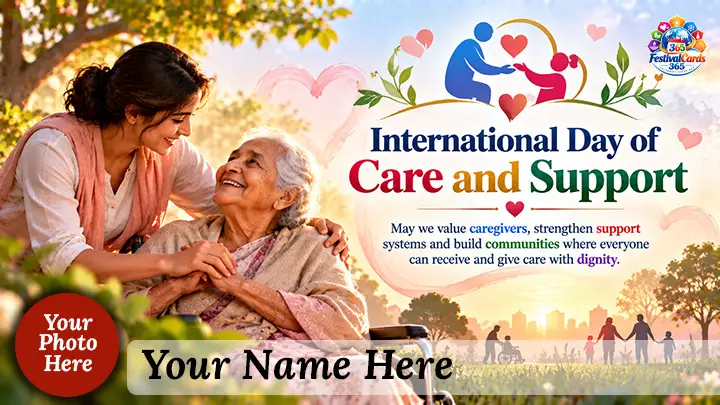 International Day of Care and Support card with caregiver, older woman, name and round photo