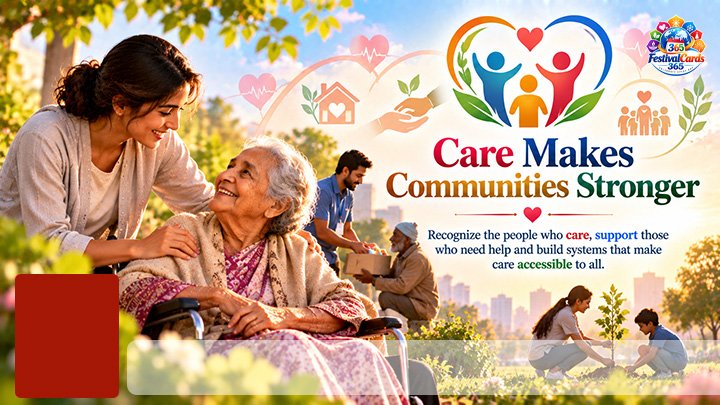 Care Makes Communities Stronger card with caregivers, volunteers, name and rectangle photo