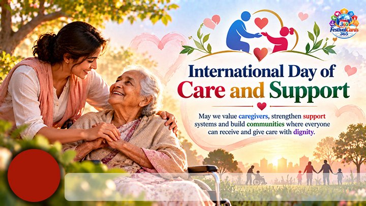 International Day of Care and Support card with caregiver, older woman, name and round photo