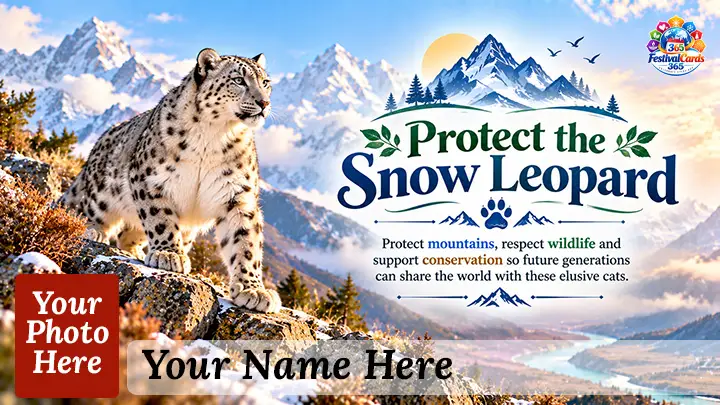 Protect the Snow Leopard card with mountain habitat, conservation scene, name and rectangle photo