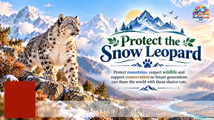 Protect the Snow Leopard card with mountain habitat, conservation scene, name and rectangle photo