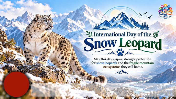 International Day of the Snow Leopard awareness card with a snow leopard, mountains, name and round photo