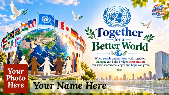Together for a Better World card with diverse people cooperating, name and rectangle photo