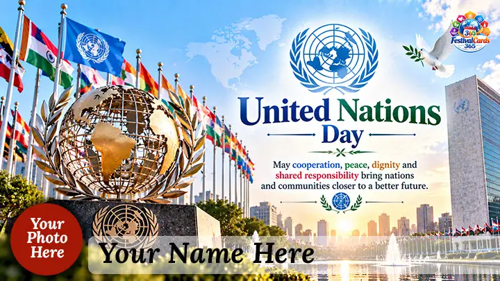 United Nations Day wishes card with world map, international community, name and round photo