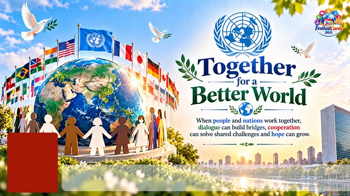 Together for a Better World card with diverse people cooperating, name and rectangle photo