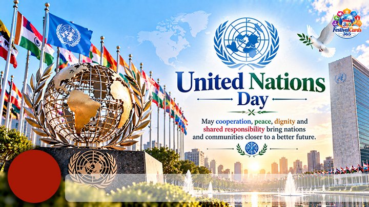 United Nations Day wishes card with world map, international community, name and round photo