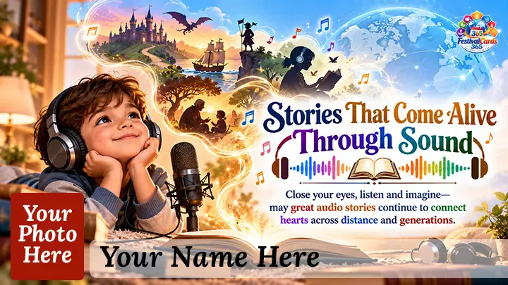 Stories That Come Alive Through Sound card with child, microphone, story scenes, name and rectangle photo
