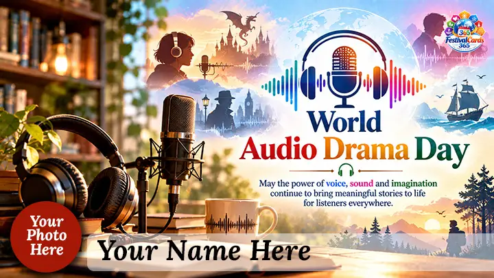 World Audio Drama Day card with microphone, headphones, story scenes, name and round photo