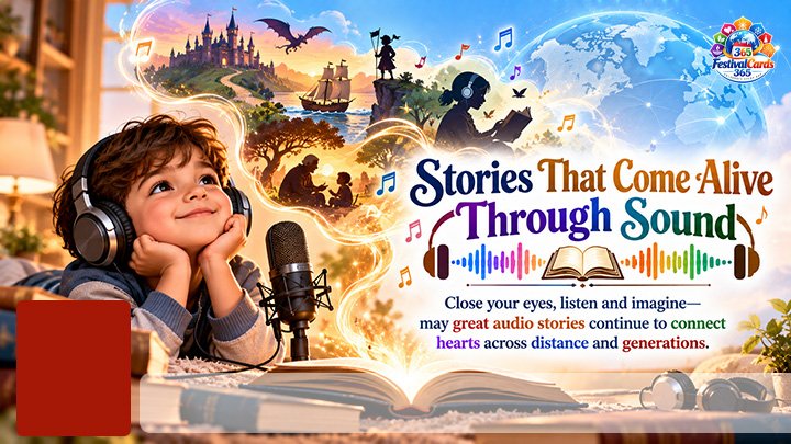 Stories That Come Alive Through Sound card with child, microphone, story scenes, name and rectangle photo