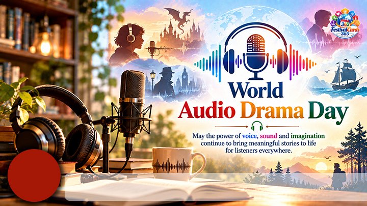 World Audio Drama Day card with microphone, headphones, story scenes, name and round photo