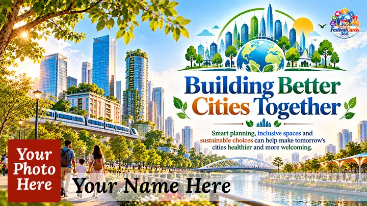 Building Better Cities Together card with green skyline, transit, park, name and rectangle photo
