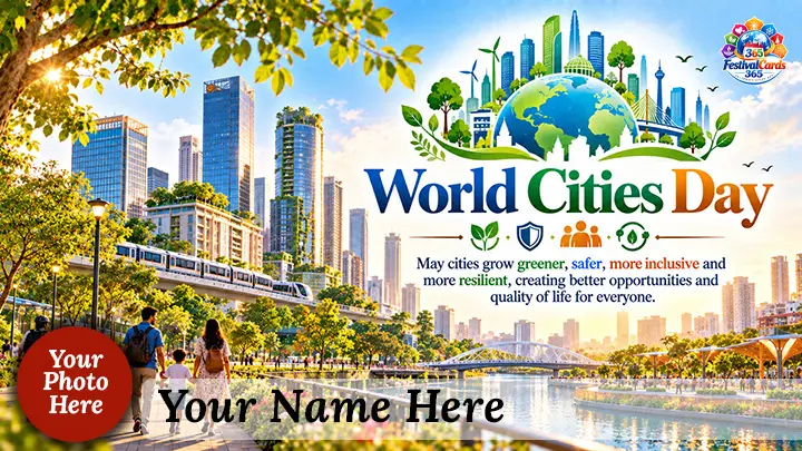 World Cities Day card with green skyline, public transport, park, name and round photo