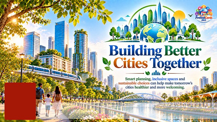 Building Better Cities Together card with green skyline, transit, park, name and rectangle photo