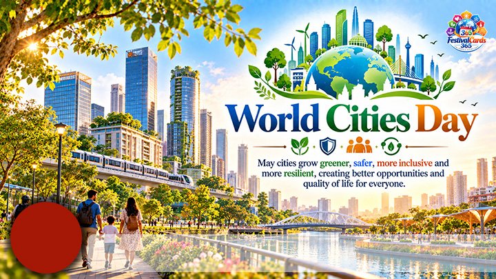 World Cities Day card with green skyline, public transport, park, name and round photo