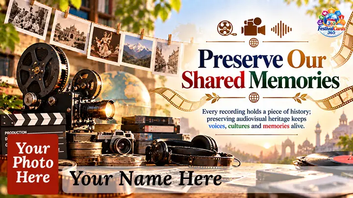 Preserve Our Shared Memories card with film reels, photographs, recordings, name and rectangle photo