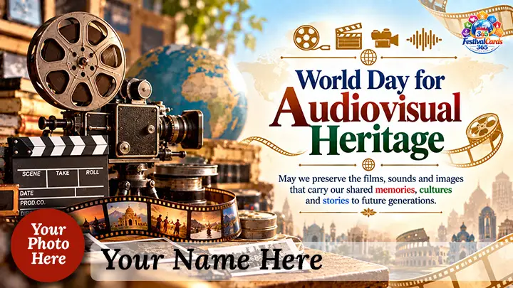 World Day for Audiovisual Heritage card with film camera, reels, archive images, name and round photo