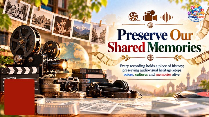 Preserve Our Shared Memories card with film reels, photographs, recordings, name and rectangle photo