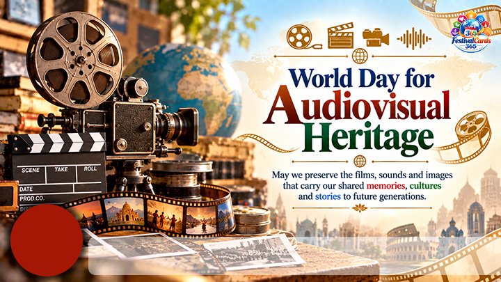 World Day for Audiovisual Heritage card with film camera, reels, archive images, name and round photo
