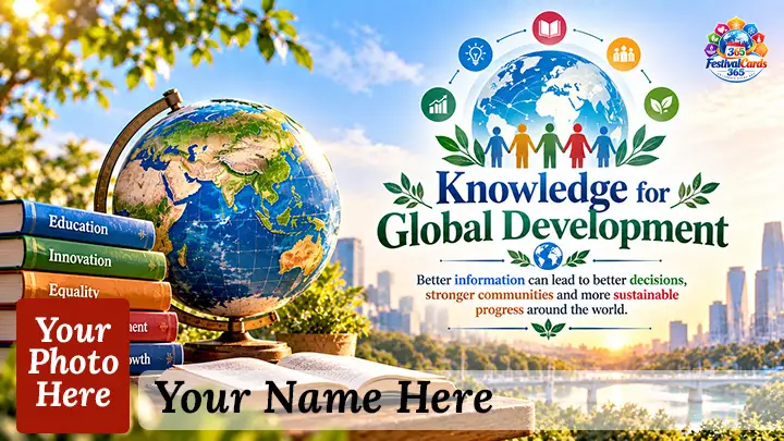 Knowledge for Global Development card with data, communities, sustainability symbols, name and rectangle photo