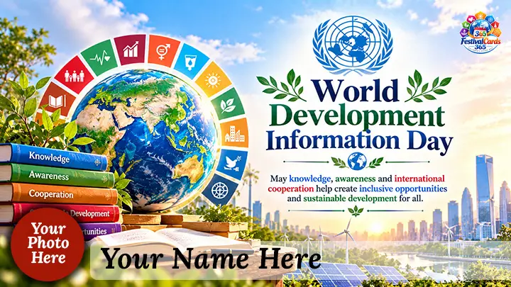 World Development Information Day card with global information network, name and round photo